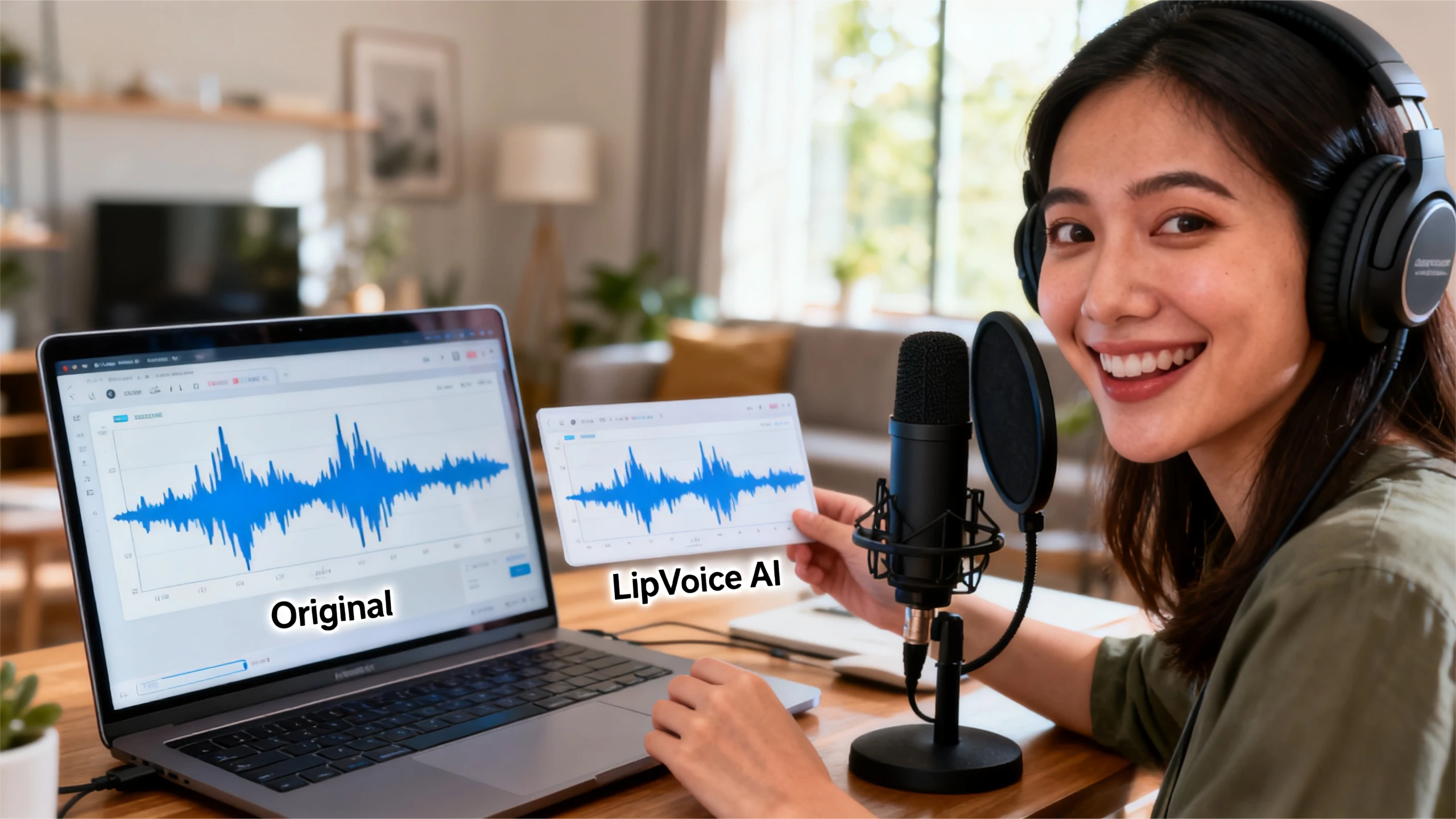 用户通过LipVoice AI体验声音克隆技术，电脑屏幕实时对比原声与AI合成声波形。展示AI语音合成在视频配音中的真实应用场景，效果直观可见。